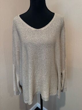 Relaxed V-Neck Sweater in Metallic Gold with Gold Sequin and Tieback Back Detail